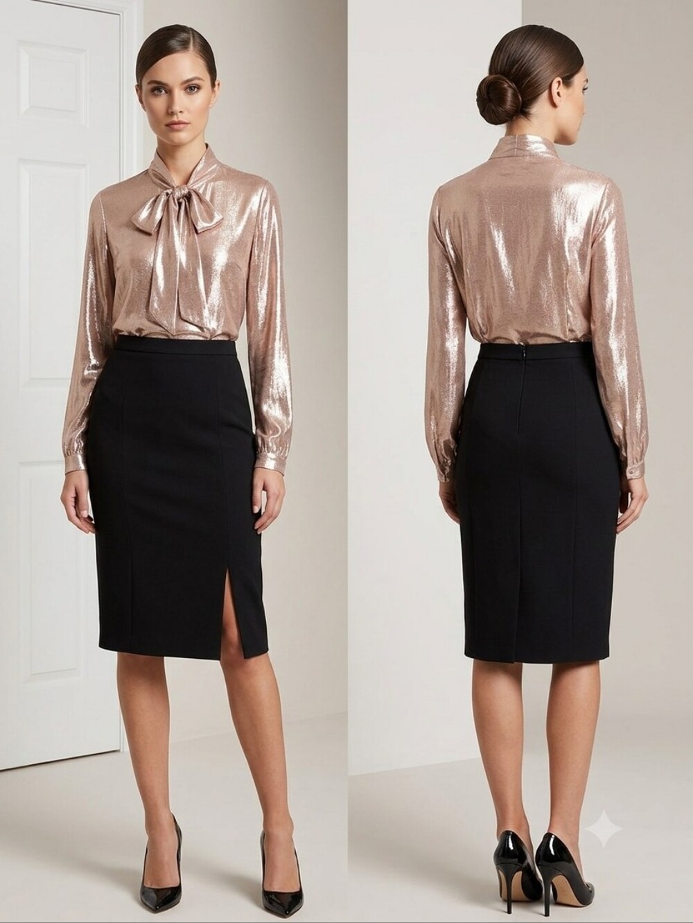 RED Valentino Rose Gold Metallic Bow-Neck Blouse